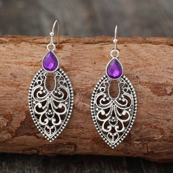 Any 4/$25! Intricate Silver Purple Crystal Boho Drop Earrings - Picture 2 of 6